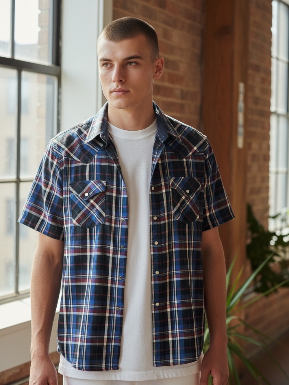Ely Cattleman Vintage Short-Sleeve Pearl Snap Navy Plaid Western Shirt, 16.5/Lg